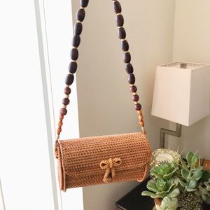 Free People Handmade Straw Bag w/ Wood Beads Strap